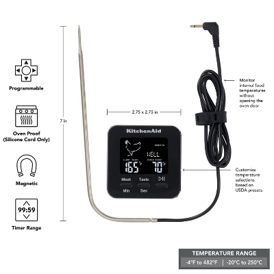 KitchenAid Programmable Wired Probe Kitchen Thermometer & Timer: Digital Food & Meat Thermometer, Black, -4 To 482°F 3 KitchenAid Programmable Wired Probe Kitchen Thermometer & Timer: Digital Food & Meat Thermometer, Black, -4 To 482°F