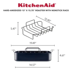 KitchenAid Hard Anodized Induction 13"x15.75" Roaster With Nonstick Rack: Turkey Roasting Pan, Oven-Safe, Matte Black