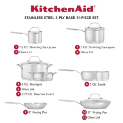KitchenAid 3-Ply Base Stainless Steel 11pc Cookware Set: Induction Safe, Even-Heating, Tempered Glass Lids, Dishwasher Safe