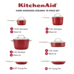 KitchenAid 10pc Hard Anodized Ceramic Nonstick Cookware Set Empire Red: Lifetime Warranty, Hand Wash, Gas & Electric Compatible