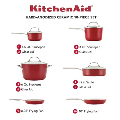 KitchenAid 10pc Hard Anodized Ceramic Nonstick Cookware Set Empire Red: Lifetime Warranty, Hand Wash, Gas & Electric Compatible 3 KitchenAid 10pc Hard Anodized Ceramic Nonstick Cookware Set Empire Red: Lifetime Warranty, Hand Wash, Gas & Electric Compatible
