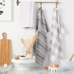 KitchenAid Stripe Gingham Dual Polyester Cotton Kitchen Towel 3-Pack Set, Matte Grey