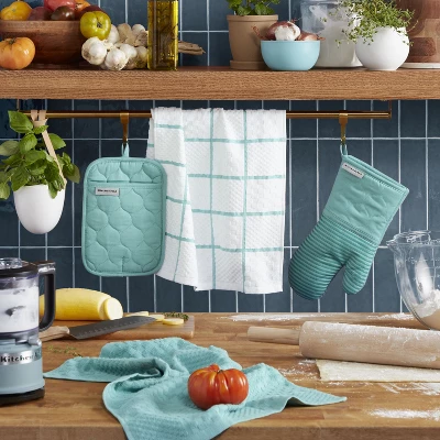 KITCHENAID Quilted Cotton Terry Cloth Oven Mitt, Pot Holder, Kitchen Towel 4-Pack Set, Silicone Grip, Aqua Sky, 16"x26", 7"x13" & 7"x10" 3 KITCHENAID Quilted Cotton Terry Cloth Oven Mitt, Pot Holder, Kitchen Towel 4-Pack Set, Silicone Grip, Aqua Sky, 16"x26", 7"x13" & 7"x10"