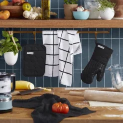 KITCHENAID Quilted Cotton Terry Cloth Oven Mitt, Pot Holder, Kitchen Towel 4-Pack Set, Silicone Grip, Matte Black, 16"x26", 7"x13" & 7"x10"