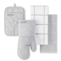KITCHENAID Quilted Cotton Terry Cloth Oven Mitt, Pot Holder, Kitchen Towel 4-Pack Set, Silicone Grip, Matte Grey, 16"x26", 7"x13" & 7"x10"