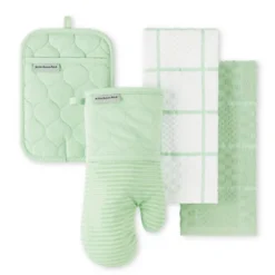 KITCHENAID Quilted Cotton Terry Cloth Oven Mitt, Pot Holder, Kitchen Towel 4-Pack Set, Silicone Grip, Pistachio, 16"x26", 7"x13" & 7"x10"