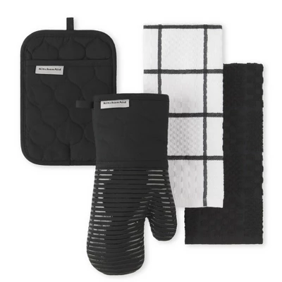 KITCHENAID Quilted Cotton Terry Cloth Oven Mitt, Pot Holder, Kitchen Towel 4-Pack Set, Silicone Grip, Matte Black, 16"x26", 7"x13" & 7"x10" 5 KITCHENAID Quilted Cotton Terry Cloth Oven Mitt, Pot Holder, Kitchen Towel 4-Pack Set, Silicone Grip, Matte Black, 16"x26", 7"x13" & 7"x10" - Image 3