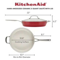 KitchenAid 5qt Hard Anodized Ceramic Nonstick Saute Pan With Lid Empire Red: Hand Wash, Gas & Electric Compatible
