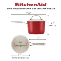 KitchenAid 3qt Hard Anodized Ceramic Nonstick Cookware Sauce Pan Empire Red: Lifetime Warranty, Hand Wash, Gas & Electric