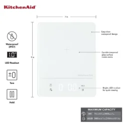 KitchenAid 11lb Waterproof Kitchen Digital Food Scale White: LED Display, Battery Powered, Coffee & Food Weight Scale