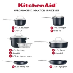 KitchenAid Hard-Anodized Induction 11pc Nonstick Cookware Set: Matte Black, Dishwasher & Oven Safe, Tempered Glass Lids
